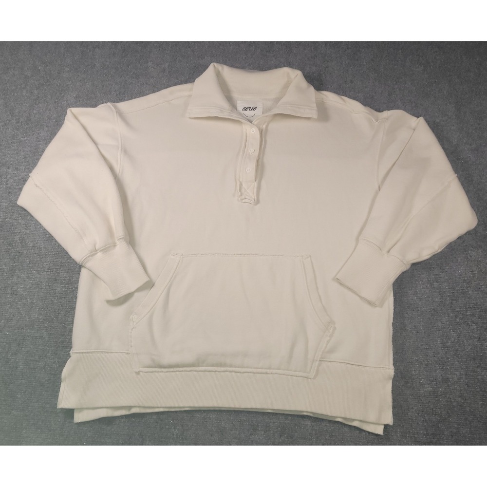 Aerie Cream Oversized Button Henley Sweatshirt Fleece Pullover Small